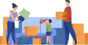 Illustration of a family moving and packing items into boxes