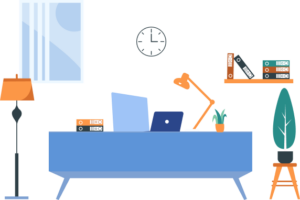 An illustraton of an office scene featuring a desk, a lamp, and a clock, creating a professional and organized workspace atmosphere.